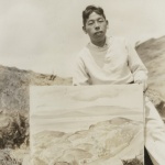 Artist George Tsutakawa with painting