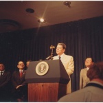 President Ronald Reagan speaking at the signing of the Civil Liberties Act of 1988